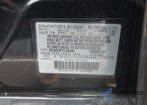 2015 Nissan Sentra Fe+ S/S/Sl/Sr/Sv z USA, uszkodzony, nr VIN 3N1AB7AP7FL665382